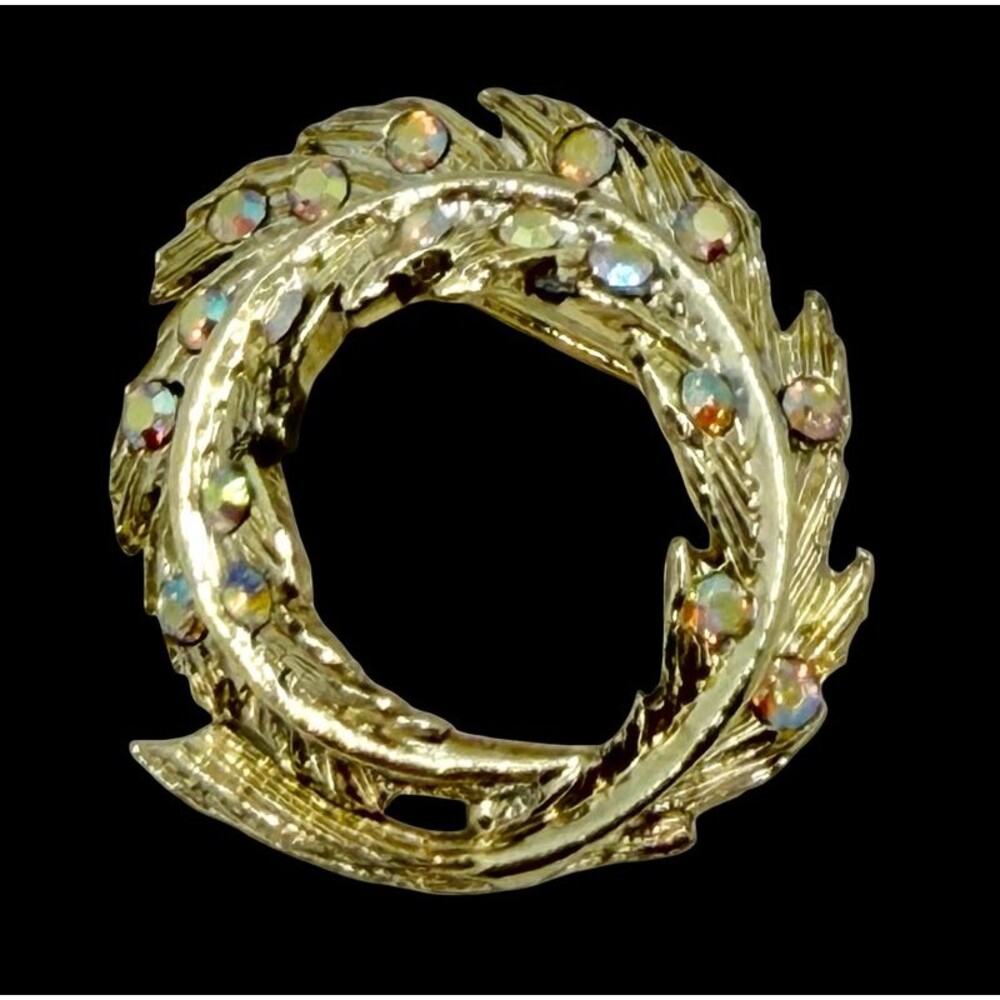 Vintage Gold Tone Feather Leaf Circle Brooch with Aurora Borealis Rhinestones